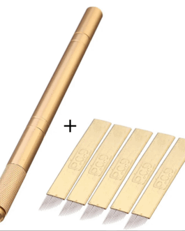 Pluma Manual profesional con Agujas para tatuaje, Microblading 3D para maquillaje permanente, cejas, labios y ojos V-65-Dorada + 5 ahujas